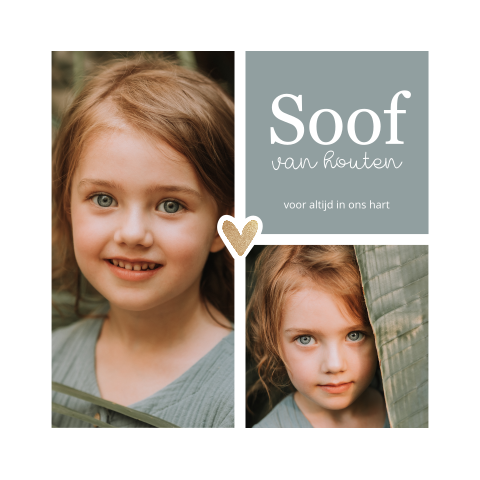 Rouwkaart kind meisje met fotocollage hartje en geboortebloem