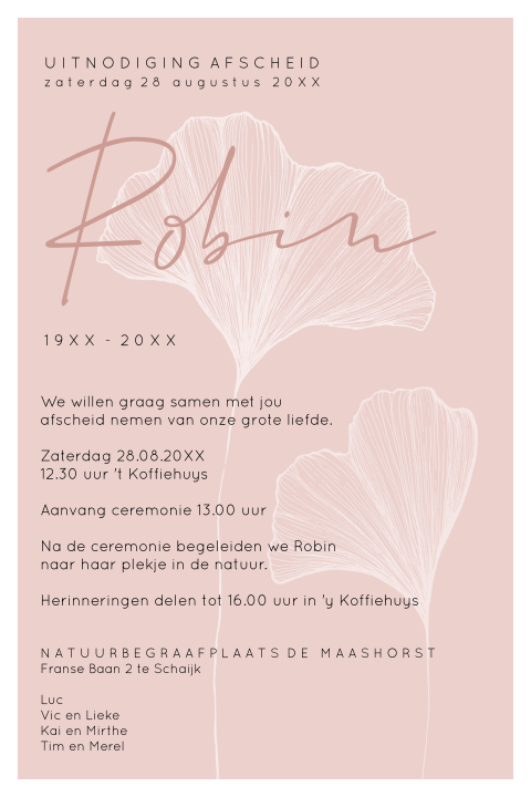Moderne enkele rouwkaart met ginkgo blad in oud-roze