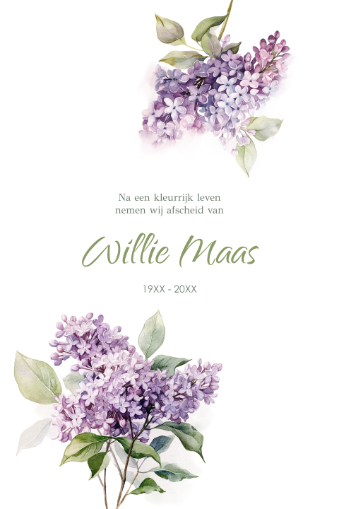 Serene rouwkaart met zacht paarse seringenillustraties