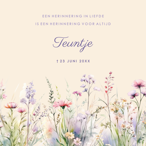 Rouwkaart moeder met foto binnenzijde en veldbloemen lila