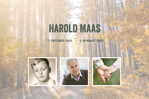 Rouwkaart met fotocollage en als achtergrond bomen - herfst
