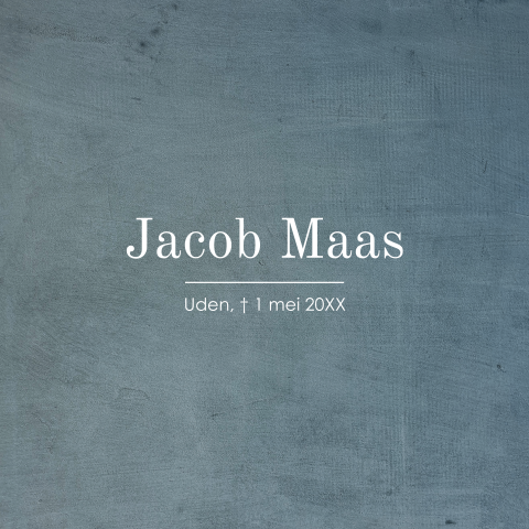 Moderne rouwkaart man in blauw met strakke typografie