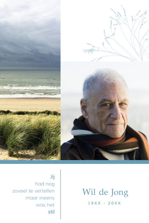 Moderne rouwkaart man met portretfoto binnen thema zee