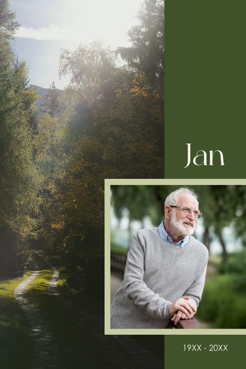 Rouwkaart met portret en bos in het ochtendlicht