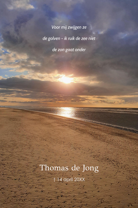 Rouwkaart strand en zee met ondergaande zon