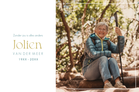 Rouwkaart met foto vrouw en moderne typografie - liggend