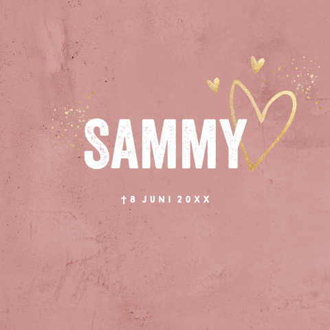 Baby rouwkaartje in oud-roze met hartjes in goudlook