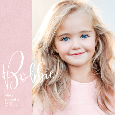 Lieve rouwkaart meisje met foto naam en vogeltje