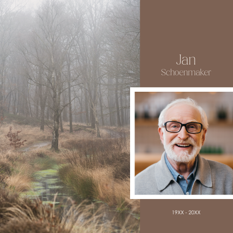Rouwkaart man met foto en rustig natuurontwerp - bos