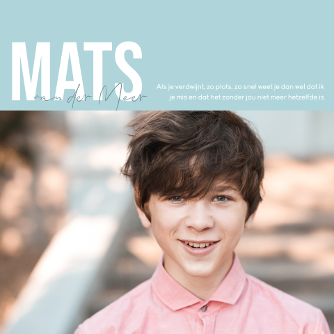 Moderne rouwkaart kind zoon met foto en intense kleuren