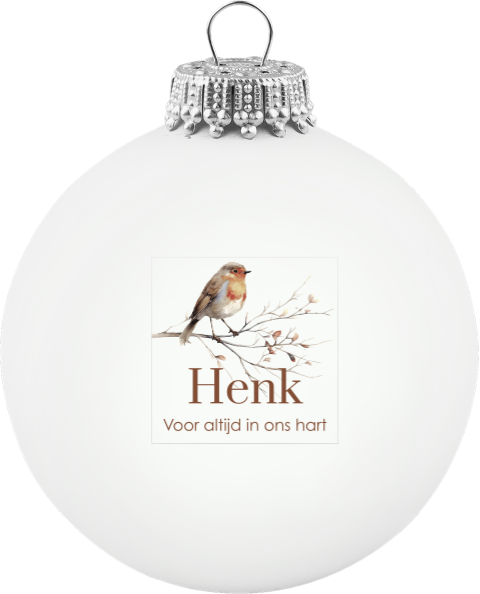 Kerstbal wit om te herinneren met vogeltje en naam