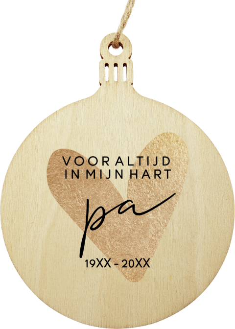 Kerstbal houten hanger met gouden hart en het woord pa