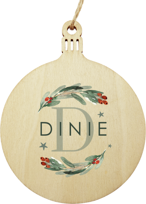 Houten hanger kerstbal met naam en initiaal en takje