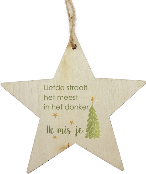 Houten kersthanger ster - Liefde straalt in het donker