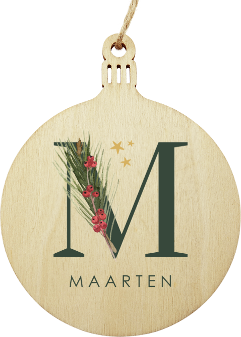 Kersthanger hout met initiaal en naam eenvoudig te personaliseren