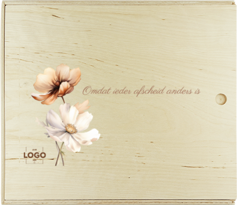 Houten bewaarbox voor uitvaartondernemers met bloemen