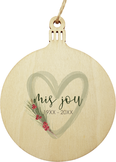 Kerstbal houten hanger met hartje en kersttak mis jou