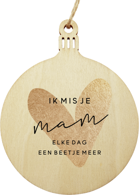 Kerstbal houtenhanger met gouden hart en het woord mama
