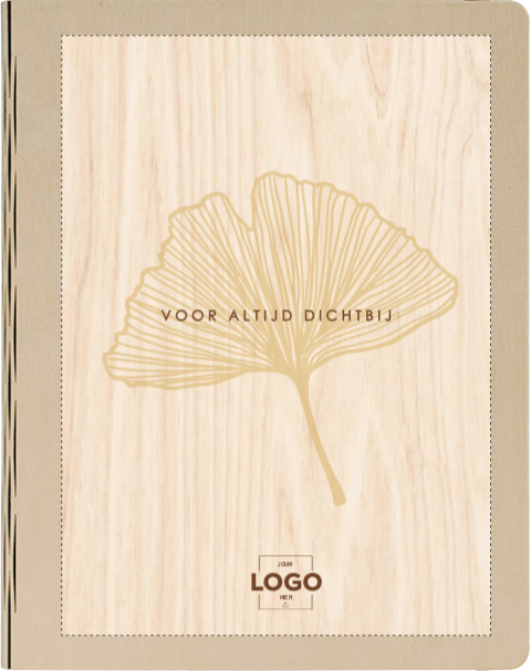Houten condoleance omslag modern met ginko en tekst