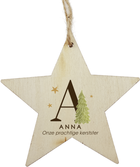 Kersthanger hout ster | Met naam en tekst: Onze prachtige ster