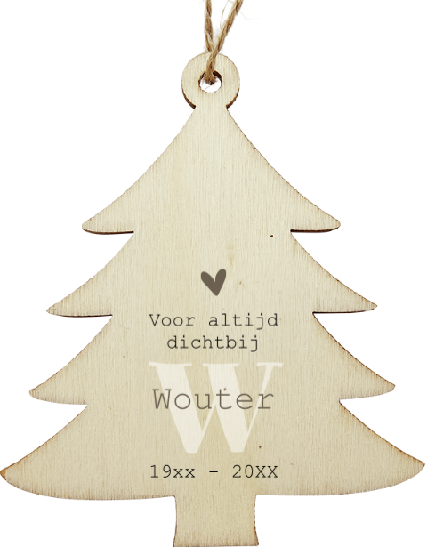 Houten kerstboom om te herinneren met hart en initiaal