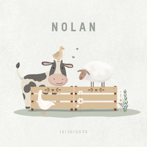 Geboortekaartje hek met koe, schaap, gans en eend