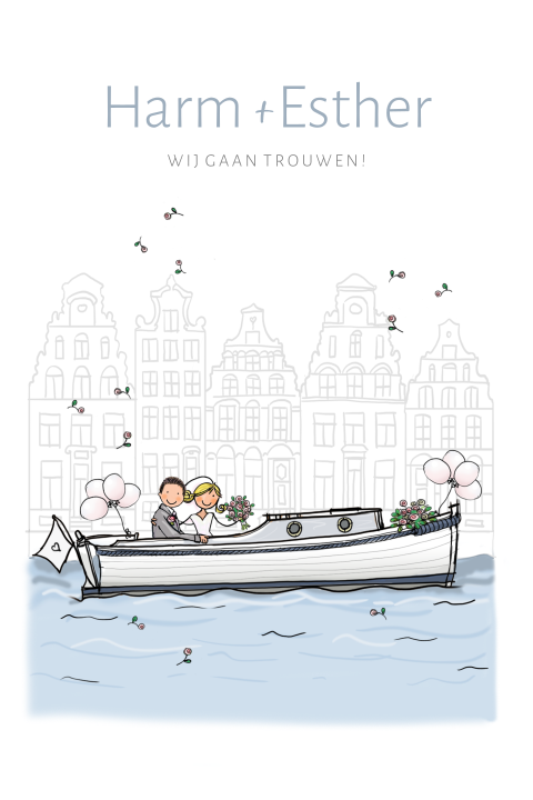 Trouwkaart witte sloep met bruidspaar