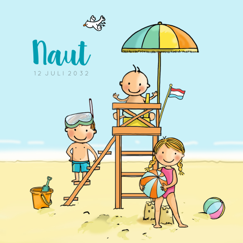 Geboortekaartje jongen strand uitkijk stoel broertje en zus