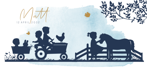 Geboortekaartje jongen tractor broertjes en zus landschap