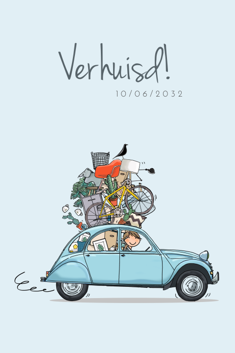 Verhuiskaart Citroen 2CV blauw met spullen
