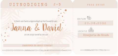 Ticket vorm uitnodiging trouwen met illustraties stans