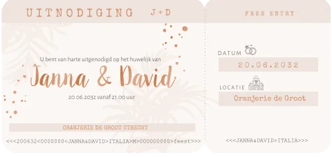 Ticket vorm uitnodiging trouwen met illustraties stans