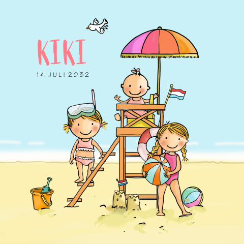 Geboortekaartje meisje strand uitkijkstoel zusjes