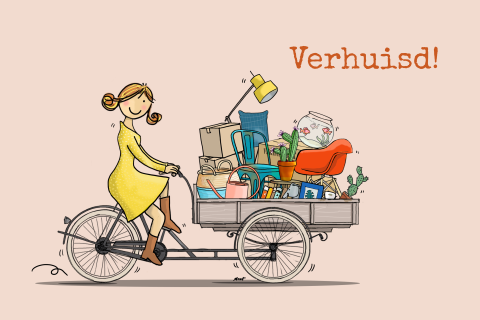 Verhuiskaart bakfiets met verhuisspullen vrouw