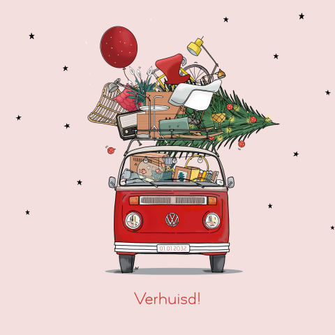 Kerstverhuiskaart volkswagen busje T2 rood