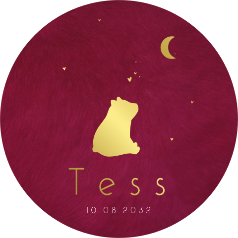 Rond geboortekaart rood met beertje hartjes in goudfolie