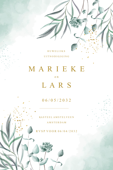 Trouwkaart eucalyptus takjes met goudlook