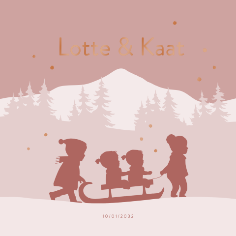 Geboortekaartje tweeling meisje op slee met zusjes