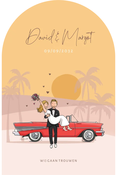 Trouwkaart bruidspaar met rode amerikaanse Bell air cabrio rood