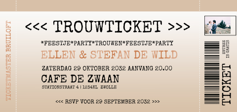 Trouwkaart ticket koperfolie met foto en teksten