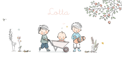 Geboortekaartje meisje broertjes met kruiwagen herfst