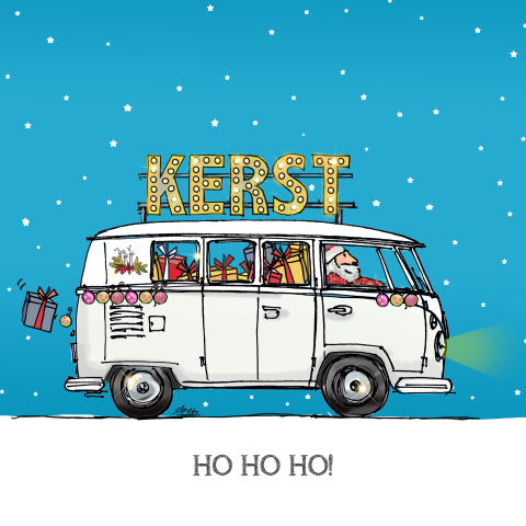 Kerstkaart VW busje wit met priklampjes