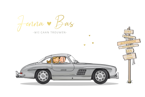 Trouwkaart bruidspaar Mercedes 300 SL Gullwing
