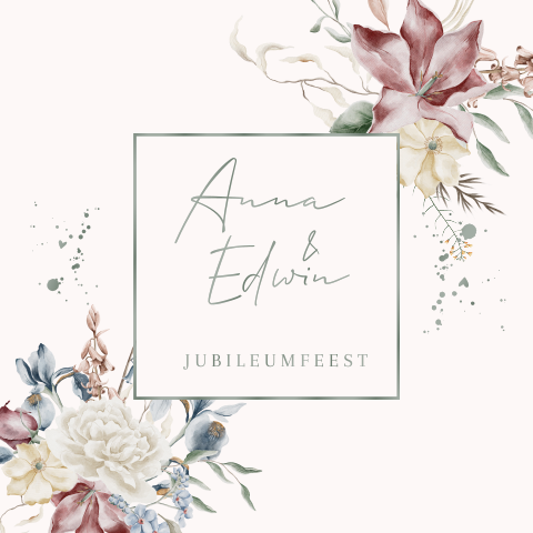 Uitnodiging jubileum zachte bloemen met takjes