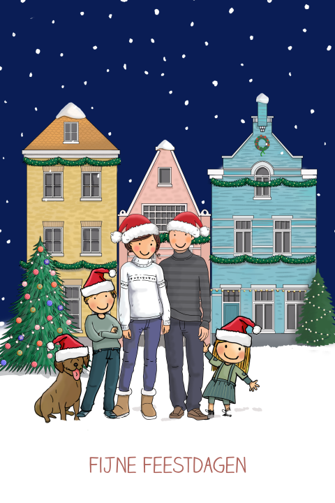 Kerstkaart huisjes met familie