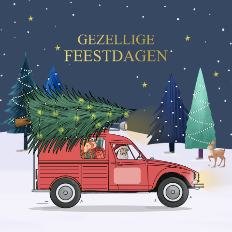 Kerstkaart rode besteleend met kerstboom
