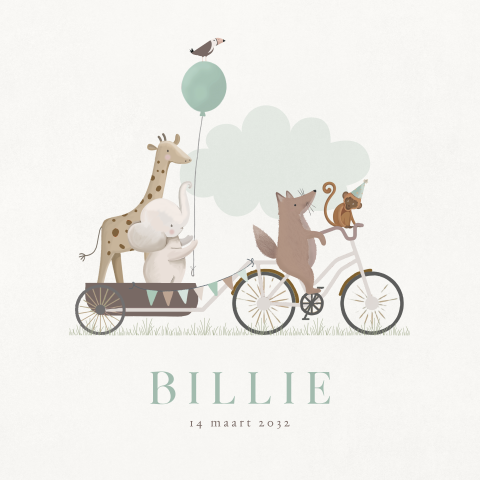 Geboortekaartje jungle dieren op fiets en ballon jongen