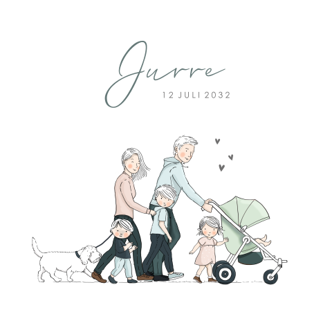 Geboortekaartje jongen ouders met buggy en baby jongen