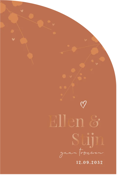 Trouwkaart vorm met bruidspaar in goudfolie