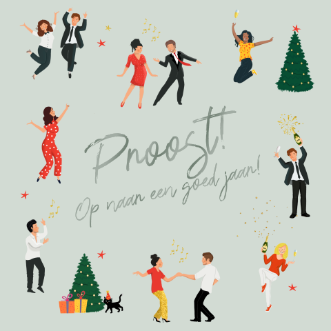 Nieuwjaarskaart dansende poppetjes met koperfolie